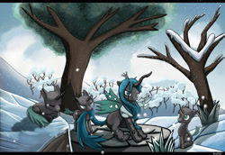 Size: 3000x2068 | Tagged: safe, artist:sceathlet, queen chrysalis, changeling, changeling queen, nymph, bare tree, clothes, female, looking at you, mommy chrissy, scarf, sitting, smiling, snow, snowfall, tail bite, tree, winter