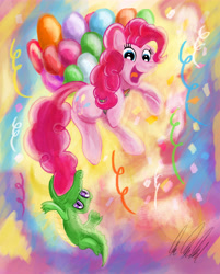 Size: 6383x7920 | Tagged: safe, artist:rariedash, gummy, pinkie pie, earth pony, pony, absurd resolution, balloon, then watch her balloons lift her up to the sky