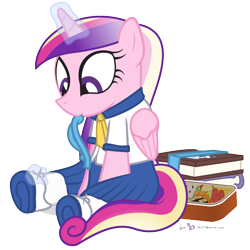 Size: 760x760 | Tagged: safe, artist:dm29, princess cadance, alicorn, pony, bento, clothes, cute, cutedance, magic, mouth hold, school uniform, simple background, sitting, solo, transparent background, younger