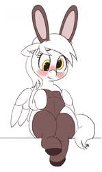 Size: 1142x1920 | Tagged: safe, artist:pabbley, derpy hooves, pegasus, pony, 30 minute art challenge, blushing, bunny ears, bunny suit, clothes, cute, derpabetes, female, flats, leotard, lip bite, mare, partial color, playboy bunny, plump, shoes, sitting, socks, solo, thigh highs
