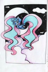 Size: 1736x2617 | Tagged: safe, artist:cutepencilcase, princess luna, alicorn, pony, cloud, moon, night, prone, solo, tangible heavenly object, traditional art