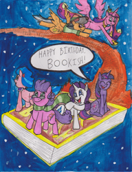 Size: 632x824 | Tagged: safe, artist:gojira007, coco pommel, daring do, princess cadance, rarity, twilight sparkle, oc, oc:bookish, alicorn, pony, unicorn, traditional art