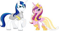 Size: 2700x1450 | Tagged: safe, artist:equestria-prevails, princess cadance, shining armor, alicorn, pony, unicorn, season 2, armor, artifact, bedroom eyes, clothes, dress, duo, female, frown, glare, jewelry, looking at you, male, mare, raised hoof, regalia, simple background, smiling, stallion, transparent background, vector