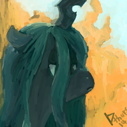 Size: 512x512 | Tagged: safe, artist:thornthurs, queen chrysalis, changeling, changeling queen, female, horn, portrait, solo