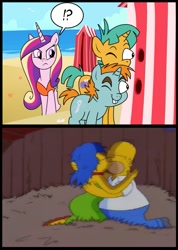 Size: 713x1000 | Tagged: safe, princess cadance, snails, snips, alicorn, pony, beach, clothes, homer simpson, marge simpson, snips and snails spying meme, swimsuit, the simpsons