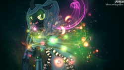 Size: 1920x1080 | Tagged: safe, artist:gabriev666, artist:illumnious, queen chrysalis, changeling, changeling queen, alternate hairstyle, goth, lens flare, lights, ponymania, solo, swirls, vector, wallpaper