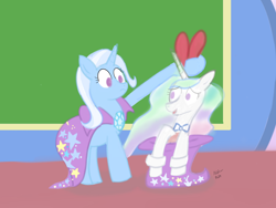 Size: 1600x1200 | Tagged: safe, artist:addelum, derpibooru import, princess celestia, trixie, alicorn, pony, unicorn, a matter of principals, bunny out of the hat, bunny suit, bunnylestia, clothes, cuffs (clothes), duo, duo female, female, hat, magic trick, mare, parody, scene parody, trixie's hat