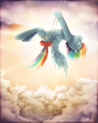 Size: 1500x1887 | Tagged: safe, artist:imalou, rainbow dash, pegasus, pony, cloud, cloudy, eyes closed, sitting, solo, spread wings, swing, swinging