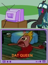 Size: 1284x1748 | Tagged: safe, queen chrysalis, changeling, changeling queen, fish, culture shock, exploitable meme, grammar error, meme, obligatory pony, queen, spongebob squarepants, tv meme