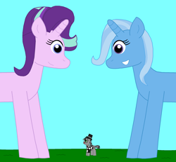 Size: 1908x1763 | Tagged: safe, artist:eli-j-brony, derpibooru import, starlight glimmer, trixie, oc, oc:checkerboard, earth pony, pony, unicorn, giant pony, giant starlight glimmer, macro, mega trixie