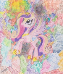 Size: 600x703 | Tagged: safe, artist:equusstorm, princess cadance, alicorn, pony, cave, crystal, light, traditional art