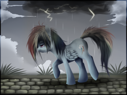 Size: 1600x1200 | Tagged: safe, artist:imalou, rainbow dash, pegasus, pony, rain, sad, solo, wet mane