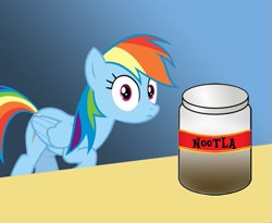 Size: 575x471 | Tagged: safe, rainbow dash, pegasus, pony, food, jar, nutella, solo