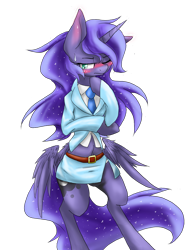 Size: 1024x1365 | Tagged: safe, artist:azurepicker, princess luna, alicorn, pony, belly button, belt, bipedal, blushing, butt wings, clothes, midriff, necktie, side slit, simple background, skirt, skirt suit, solo, suit, transparent background