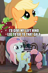 Size: 666x1000 | Tagged: safe, edit, edited screencap, editor:awkward segway, screencap, applejack, kerfuffle, earth pony, pegasus, pony, rainbow roadtrip, the ticket master, amputee, apple, caption, dialogue, female, food, freckles, hat, image macro, looking up, mare, prosthetic leg, prosthetic limb, prosthetics, raised hoof, text