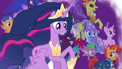 Size: 1920x1080 | Tagged: safe, derpibooru import, screencap, fizzlepop berrytwist, flash sentry, gallus, princess celestia, princess luna, spike, star swirl the bearded, starlight glimmer, sunburst, tempest shadow, thorax, trixie, twilight sparkle, twilight sparkle (alicorn), alicorn, changedling, changeling, dragon, griffon, pegasus, pony, unicorn, the last problem, eyes closed, king thorax, ponified, winged spike