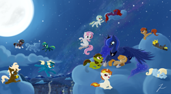 Size: 1680x928 | Tagged: safe, artist:angryberry, baby moondancer, princess luna, oc, oc:candlelight, oc:fly-by-night, oc:gari, oc:magpie, oc:night light, oc:nightshade, oc:spirit, oc:springsign, oc:tingle, oc:trotamundo, oc:wind whisper, alicorn, pony, children of the night, jack skellington, the nightmare before christmas