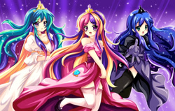 Size: 863x548 | Tagged: safe, artist:abbyc26, princess cadance, princess celestia, princess luna, human, humanized, looking at you, open mouth, you'll play your part