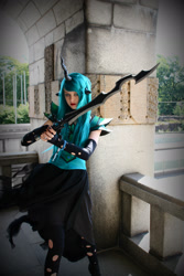 Size: 1504x2256 | Tagged: safe, artist:sewingintherain, queen chrysalis, human, action pose, clothes, convention, cosplay, crystal fair con, dress, irl, irl human, photo, solo, sword