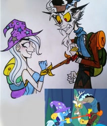 Size: 484x570 | Tagged: safe, artist:citi, derpibooru import, screencap, discord, trixie, changeling, human, to where and back again, disguise, disguised changeling, duo, humanized, scene interpretation, screencap reference, traditional art