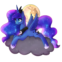 Size: 1378x1378 | Tagged: safe, artist:hosikawa, princess luna, alicorn, pony, cloud, cute, mare in the moon, moon, prone, solo