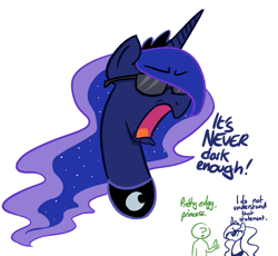 Size: 743x685 | Tagged: safe, artist:shoutingisfun, princess luna, oc, oc:anon, human, pony, bust, dialogue, edgy, female, glasses, mare, open mouth, portrait, sunglasses