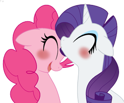 Size: 1019x848 | Tagged: safe, artist:faith-wolff, pinkie pie, rarity, earth pony, pony, unicorn, female, kissing, lesbian, raripie, shipping