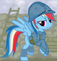 Size: 752x806 | Tagged: safe, artist:colorcopycenter, rainbow dash, pegasus, pony, clothes, french, helmet, ladder, military, soldier, trench, war, world war i