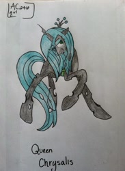 Size: 704x960 | Tagged: safe, artist:phoenixprincess246, queen chrysalis, changeling, changeling queen, smiling, solo, traditional art