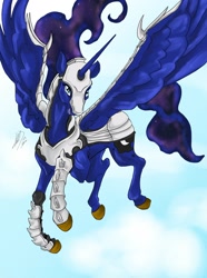 Size: 1820x2450 | Tagged: safe, artist:firimil, princess luna, alicorn, pony, armor, flying, solo, wing armor