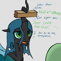 Size: 800x800 | Tagged: safe, artist:adequality, queen chrysalis, oc, oc:anon, changeling, changeling queen, dialogue