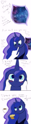 Size: 1500x6000 | Tagged: safe, artist:chapaevv, princess luna, oc, oc:anon, alicorn, pony, absurd resolution, comic, dream, food, muffin, tea