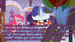 Size: 1264x711 | Tagged: safe, pinkie pie, rarity, earth pony, pony, unicorn, bronyetiquette, measuring tape, meta, parody, pink text, rarity's glasses, text