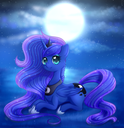 Size: 1280x1323 | Tagged: dead source, safe, artist:fluffymaiden, princess luna, alicorn, pony, cloud, cute, female, full moon, heart eyes, lunabetes, mare, moon, night, prone, sky, solo, starry night, stars, wingding eyes