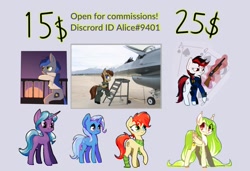 Size: 1425x976 | Tagged: safe, artist:ivyredmond, derpibooru import, trixie, oc, pony, advertisement, aircraft, clothes, commission info, cute, f-16 fighting falcon, gun, scarf, shotgun, socks, striped socks, weapon