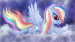 Size: 900x506 | Tagged: safe, artist:macalaniaa, rainbow dash, pegasus, pony, blue coat, cloud, cloudy, female, mare, multicolored mane, solo