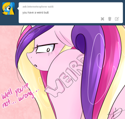 Size: 1280x1221 | Tagged: safe, artist:sugarberry, princess cadance, alicorn, pony, ask, ask-cadance, butt, covering, eyelashes, frown, horn, lovebutt, multicolor hair, pink background, plot, signature, simple background, solo, tail covering, tumblr