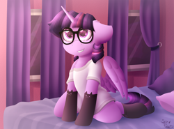 Size: 2700x2000 | Tagged: safe, artist:spirit-dude, twilight sparkle, twilight sparkle (alicorn), alicorn, pony, bed, chest fluff, clothes, curtains, cute, ear fluff, floppy ears, glasses, kneeling, looking up, off shoulder, on bed, pillow, shirt, signature, smiling, solo, stockings, t-shirt, thigh highs, twiabetes, window