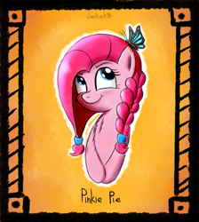 Size: 853x954 | Tagged: safe, artist:junkiekb, pinkie pie, butterfly, earth pony, pony, alternate hairstyle, female, mare, pink coat, pink mane