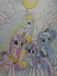 Size: 3120x4160 | Tagged: safe, artist:theroyalprincesses, princess cadance, princess celestia, princess luna, twilight sparkle, twilight sparkle (alicorn), alicorn, pony, alicorn tetrarchy, female, grin, mare, raised hoof, smiling, spread wings, sun, traditional art