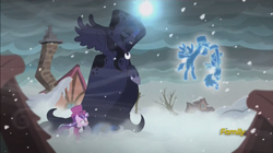 Size: 1568x878 | Tagged: safe, screencap, princess luna, snowfall frost, starlight glimmer, alicorn, pony, a hearth's warming tail, discovery family logo, spirit of hearth's warming yet to come