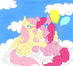 Size: 329x296 | Tagged: safe, artist:tsukaimonboom, fluttershy, pinkie pie, earth pony, pegasus, pony, cloud, cloudy, female, flutterpie, lesbian, shipping