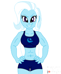 Size: 1200x1446 | Tagged: safe, artist:niban-destikim, derpibooru import, trixie, equestria girls, abs, animated, commission, gif, grand and muscular trixie, grin, kissing, looking at you, muscles, muscular female, simple background, smiling, white background