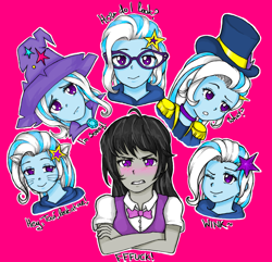 Size: 1826x1761 | Tagged: safe, artist:starwantrix, derpibooru import, octavia melody, trixie, better together, equestria girls, street magic with trixie, angry, barrette, blushing, cat ears, clothes, cute, diatrixes, female, glasses, hat, lesbian, one eye closed, pink background, shipping, simple background, trixie's hat, trixtavia, vulgar, wink