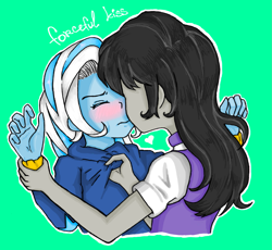 Size: 1583x1457 | Tagged: safe, artist:starwantrix, derpibooru import, octavia melody, trixie, equestria girls, blushing, female, kissing, lesbian, shipping, simple background, trixtavia