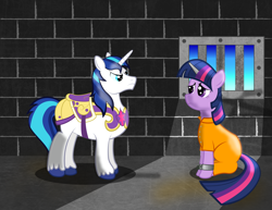 Size: 2160x1669 | Tagged: safe, artist:spellboundcanvas, shining armor, twilight sparkle, pony, unicorn, clothes, cuffs, frown, glare, horn cap, magic suppression, prison, prison outfit, sad, sitting