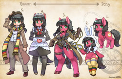 Size: 1600x1035 | Tagged: safe, artist:shepherd0821, oc, oc only, oc:macdolia, anthro, earth pony, human, pony, semi-anthro, unguligrade anthro, alice in wonderland, anthro chart, anthro with ponies, bunny hood, castlevania, chain whip, clothes, cowboy hat, cross, doctor who, female, fourth doctor, fourth doctor's scarf, french maid, hat, humanized, izayoi sakuya, looking at you, maid, maid headdress, pigtails, pocket watch, raised hoof, rope, scarf, smiling, socks, solo, stetson, thigh highs, time travelers, touhou, twintails, watch, white rabbit