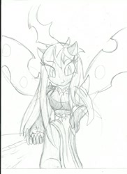 Size: 762x1048 | Tagged: safe, artist:hitorazekaiju, queen chrysalis, human, clothes, dress, horned humanization, humanized, monochrome, sketch, smiling, solo, sword, traditional art, winged humanization