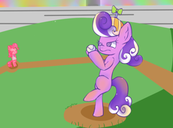 Size: 790x584 | Tagged: safe, artist:sunomii, pinkie pie, screwball, earth pony, pony, baseball, bipedal, pun