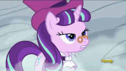 Size: 858x482 | Tagged: safe, screencap, princess luna, snowfall frost, starlight glimmer, alicorn, pony, a hearth's warming tail, animated, discovery family logo, frown, open mouth, snow, spirit of hearth's warming yet to come, spread wings, talking
